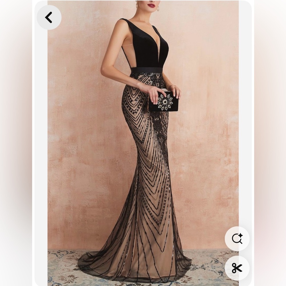 Glitter Mermaid V Neck Sequins Black Backless Long Prom Dress